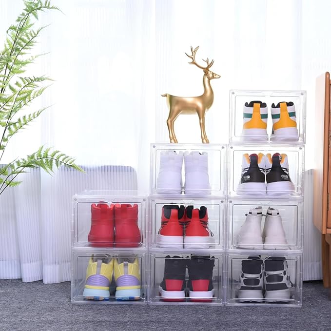 Large Clear Shoe Storage Boxes 12 Pack Stackable, Drop Front Magnetic Door Shoe Organizer with Plastic Sneaker Display Case Containers Transparent Shoe Rack for Closet Organization Fit US Size 12