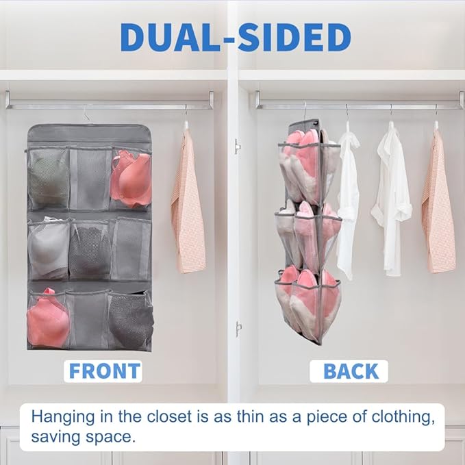 2 Pcs Closet Organizer Dual Sided Hanging Shoe Storage Bag Underwear Socks Holder with 18 Pockets (MESH POCKETS)