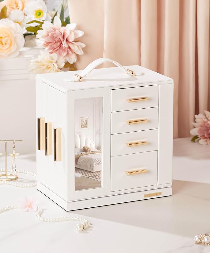 Homde Valentine's Day gifts Jewelry Box 360° Rotating, Necklace Earring Organizer with Transparent Window, Mirror, 7 Drawers, Large Ring Display Storage Case for Girls Women (White)