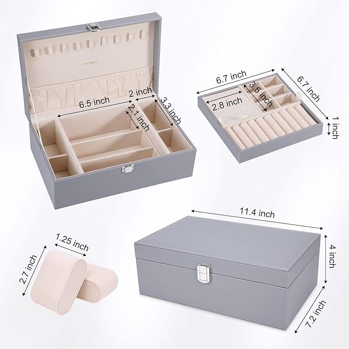 LANDICI Jewelry Box Organizer for Men Women, 2 Layer 4 Slot Watch Storage Case with Removable Tray, PU Leather Large Jewellery Holder Display for Watches Sunglasses Rings Earrings Necklace, Grey