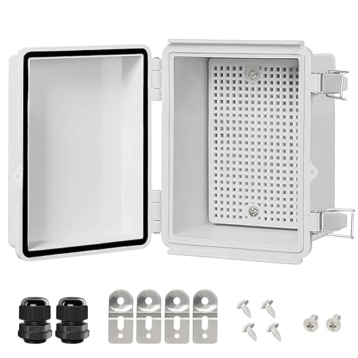 LeMotech Electrical Box, IP67 Waterproof Hinged Cover Stainless Steel Latch Junction Box, ABS Plastic Electrical Enclosure with Mounting Plate,Wall Brackets, Cable Glands,5.9"x3.9"x2.8",Grey