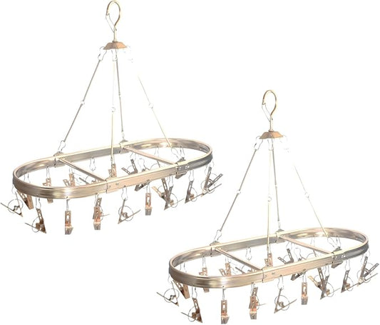 Sock Drying Rack with 26 Non-Slip Clips - Aluminum Hanging Drying Rack for Underwear, Baby Clothes & Delicates | Oval Design & Wind-Resistant Hooks (Champagne Gold) - 2 Pack