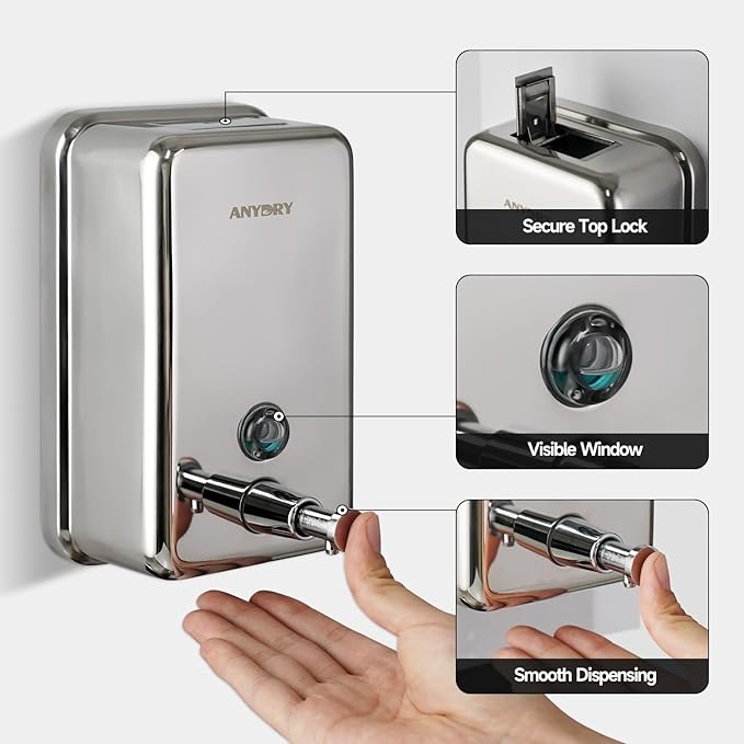 Commercial Soap Dispenser Wall Mount, Polished Stianless Steel Finish Manual Liquid Soap Dispenser - 37oz (1100ml) Model AD1003