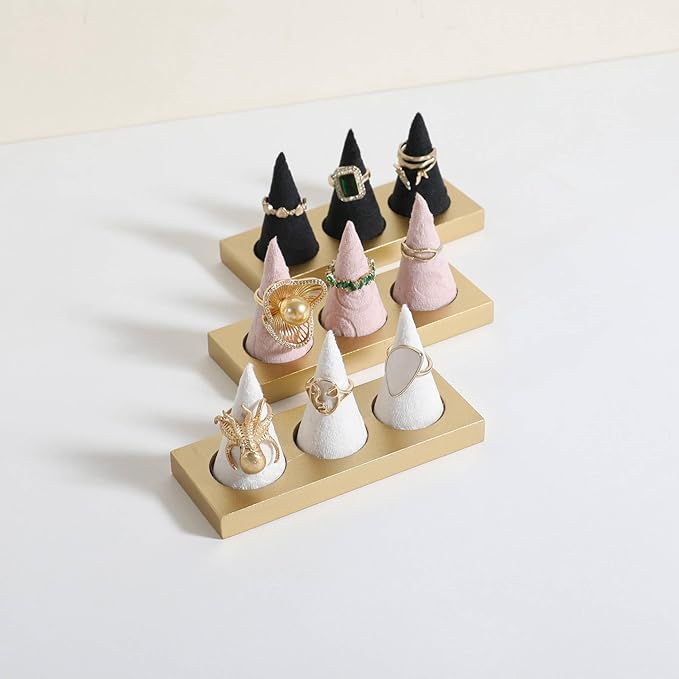 GemeShou Jewelry ring display holder for selling, velvet ring cone display stand, cute cone shaped ring holder with golden coated base,Medium jewelry ring storage organizer【Ring holder-white 3 cone】