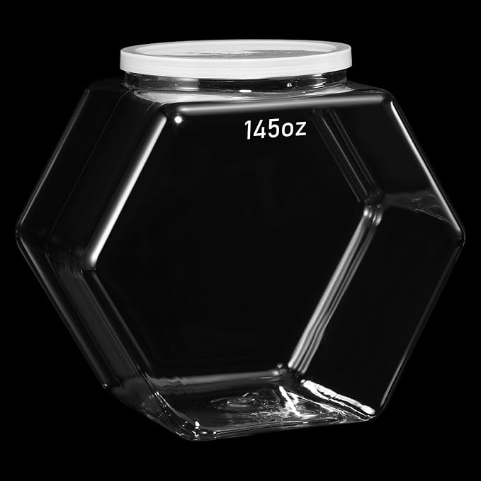 Uiifan 1 Piece Plastic Candy Jar with Lid Cookie Jar Clear Hexagonal Fish Bowls Containers for Snacks, Dog Food, Desk Pet, Craft and Sewing Supplies, Coffee Pod, Laundry Pod Storage Display(145 oz)