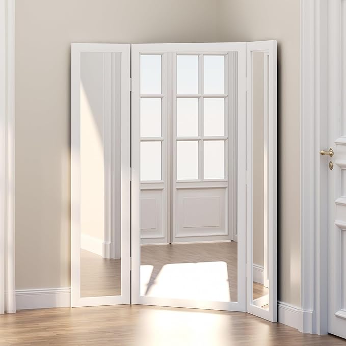 3 Way Mirror Full Length with Tempered Glass 71"x67", 3 Panel Oversized Trifold Floor Mirror with Wood Frame, Decorative Folding Mirror for Home,Wedding Dress/Clothing Shop/Bedroom/Closet (White)