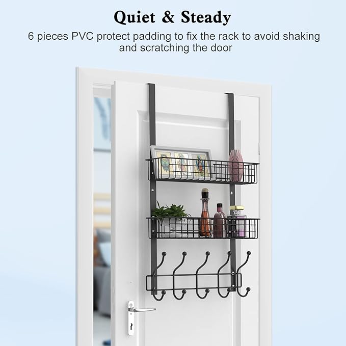 Coat Rack, Over The Door Hanger with Mesh Basket, Detachable Storage Shelf for Towels, Hats, Handbags, Coats (Black-2 Baskets)