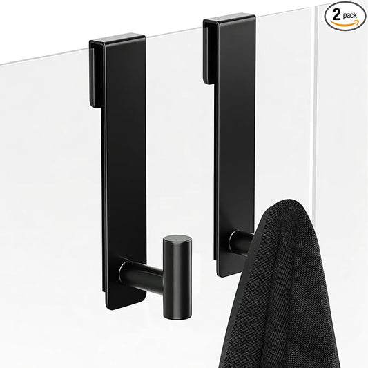 WUIVIUT T-Shape Heavy-Duty Stainless Steel Over The Glass Door Hooks - Frameless Glass Door Hooks for Bathroom Shower Towel Holder 19 cm Hook for Robe,Towels,Shower(T Shape 2 Pack, Fits 3/8'' Thick)