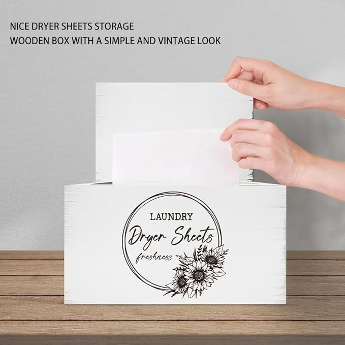SUPERDANT Dryer Sheets Holder with Lid Rustic Dryer Sheet Dispenser Sunflower Dryer Sheets Lettering Laundry Sheet Container Fabric Softener Dispenser Box for Laundry Room Organization Storage White