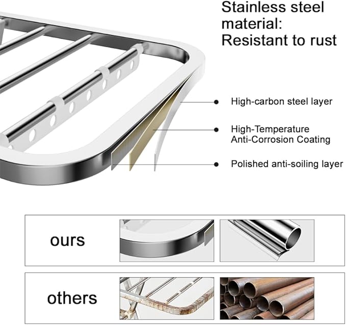 MIKEE Clothes Drying Rack,Stainless Steel Foldable Laundry Drying Rack with Height Adjustable Wings,Clothes Rack with Shoe Rack,Windproof Hanging Holes and Wheels，132 lb,Indoor Outdoor Use