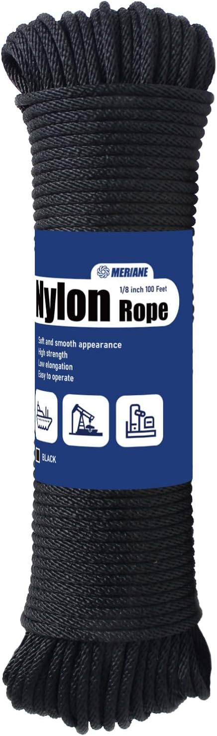 MERIANE Black Nylon Rope 1/8inch 100FT – Multipurpose Solid Braided Rope – Ideal Use for Camping, Clothesline, Marine, Flag Line – Abrasion & UV Resistant – Shock Absorption Rope for Indoor Outdoor