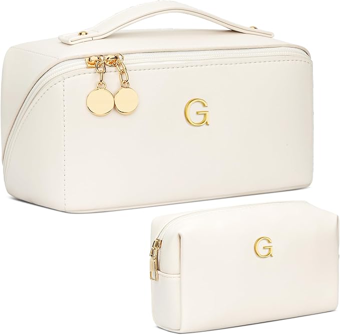 Valentine's Day Gifts for Women Teen Girl, Personalized Initial Makeup Organizer Bag Set, Open Flat Travel Cosmetic Bag With Clear Divider and Handle(Beige,G)