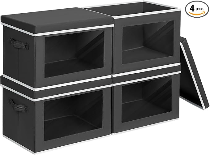 Storage Bins with Lids - Small Fabric Organizers with Window, Collapsible Storage Bins for Clothes, Decorative Closet Organizers for Towels, Tshirt, 4 Pack, Black