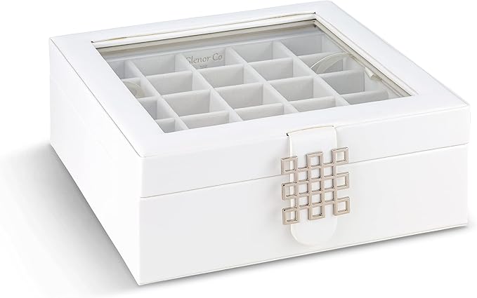 Glenor Co Earring Organizer - Classic 50 Section Jewelry Box/Case/Holder for Earrings, Rings, Necklaces, Jewelry, Cufflinks or Collections -2 Layer Small Compartments with Large Glass Top - White