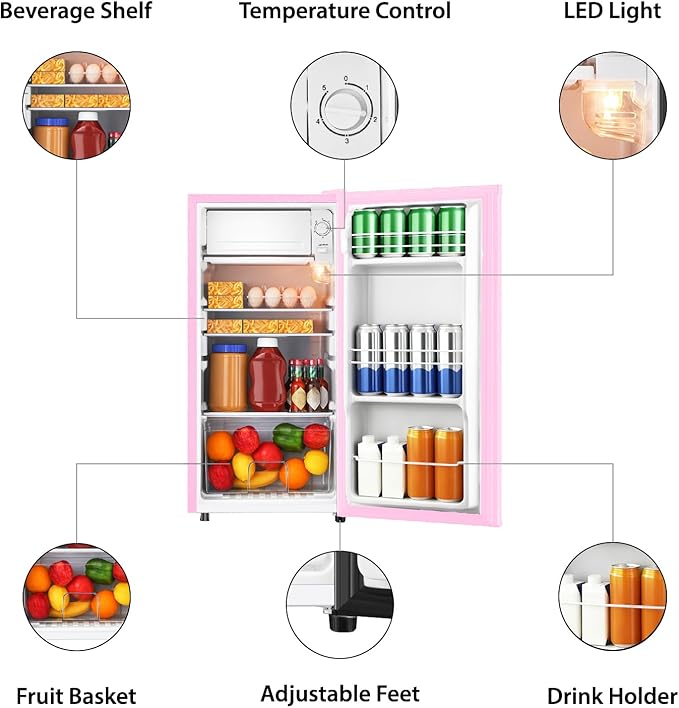 3.1 Cu.Ft Mini Fridge with Freezer, Single Door Mini Refrigerator, 5 Settings Temperature Adjustable, Compact Refrigerator for Apartment,Dorm, Office, Bedroom