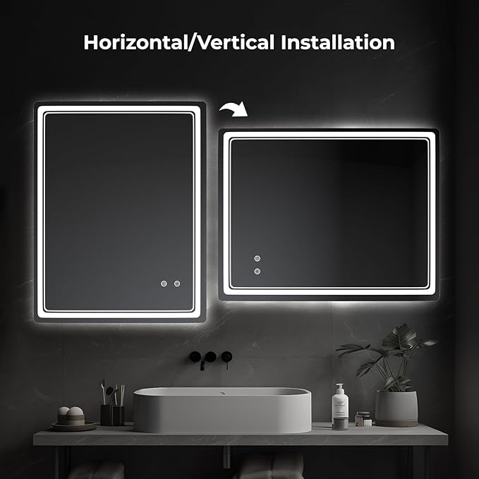 WallBeyond LED Bathroom Mirror with Lights, 28'' x 36'' Led Bathroom Vanity Mirror for Wall with Front and Backlit, Anti Fog Mirror for Bathroom, 3 Colors and Dimmable Light, Horizontal/Vertical