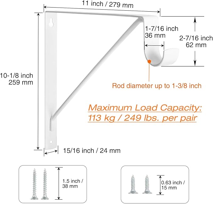 4 Pack Heavy Duty Closet Shelf & Rod Brackets, Wall Mounted Closet Shelf Brackets, 11 x 10.2 Inch Closet Shelf Brackets with Rod Support, White