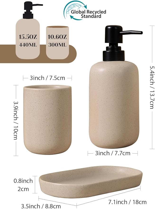 INGOFIN 3 Pcs Ceramic Bathroom Accessory Set - Liquid Soap Dispenser, Toothbrush Holder & Tray, Bathroom Counter Set, Countertop Essentials for Home, Guest Bathroom, or Office Use, Beige