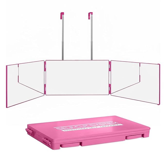 Self-Cut System 3 Way Mirror for Braiding Hair, Styling & Hair Coloring - Tri-Fold Three Way Mirror with Telescoping Hooks - Compact & Travel Size - Over-the-Door Mount for DIY Haircuts, Makeup - Pink