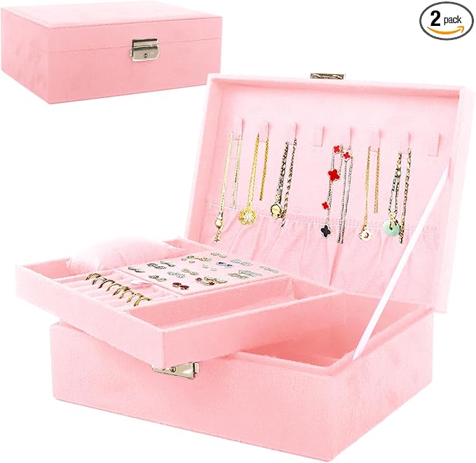 Nsmykhg Velvet Jewelry Box Organizer - 2 Pack Lockable 2 Layer Travel Case with Removable Tray, Jewelry Storage for Women & Men, Jewelry Display Case for Rings, Necklace, Earrings (Pink)