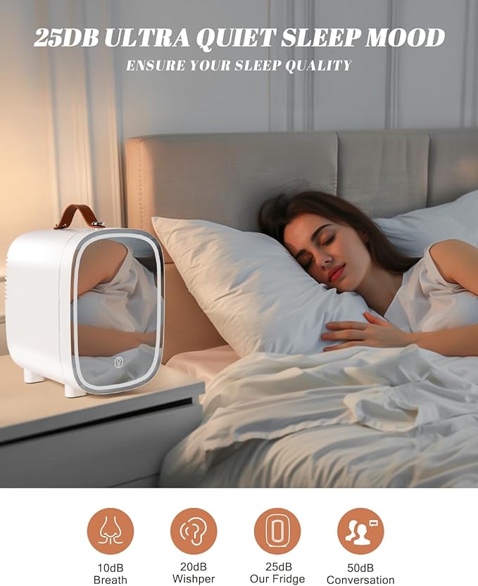 Mini Fridge for Bedroom, 4 Liter/6 Can Skincare Fridge With LED Mirror,12v AC/DC Cooler & Warmer Portable Small Refrigerator for Drinks, Makeup, Dorm, Office and Car(White)