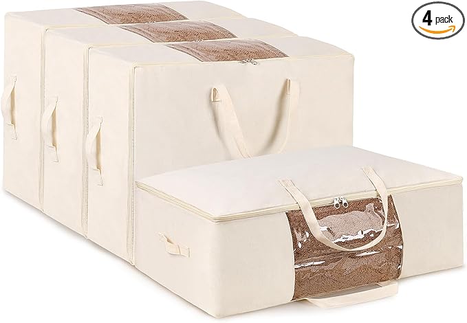 YGEOMER 4 Pack Canvas Comforter Storage Bags with Zipper Foldable Closet Organizers Storage Containers with Reinforced Handle for Dorm Organizing, Bedroom, Closet, Blanket, Clothing