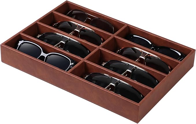 Sunglass Organizer Tray, PU Leather Sunglasses Organizer with 8 Grids for Drawer, Stackable Sunglass Holder Storage