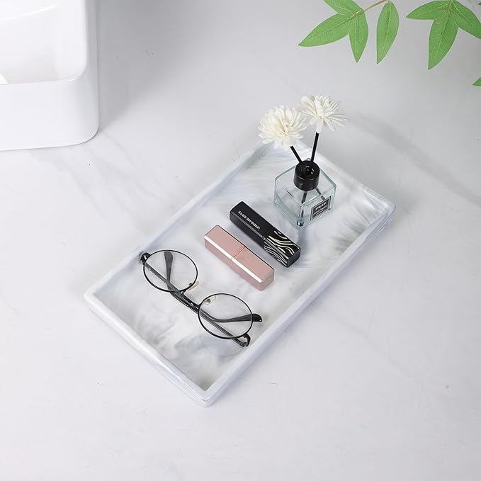 Bathroom Vanity Tray - 11'' Ceramic Rectangle Countertop Tray, Heavy-Duty Perfume Organizer Plate, Jewelry Ring Tray, Kitchen Soap Dispenser Stone Trays, Marble White