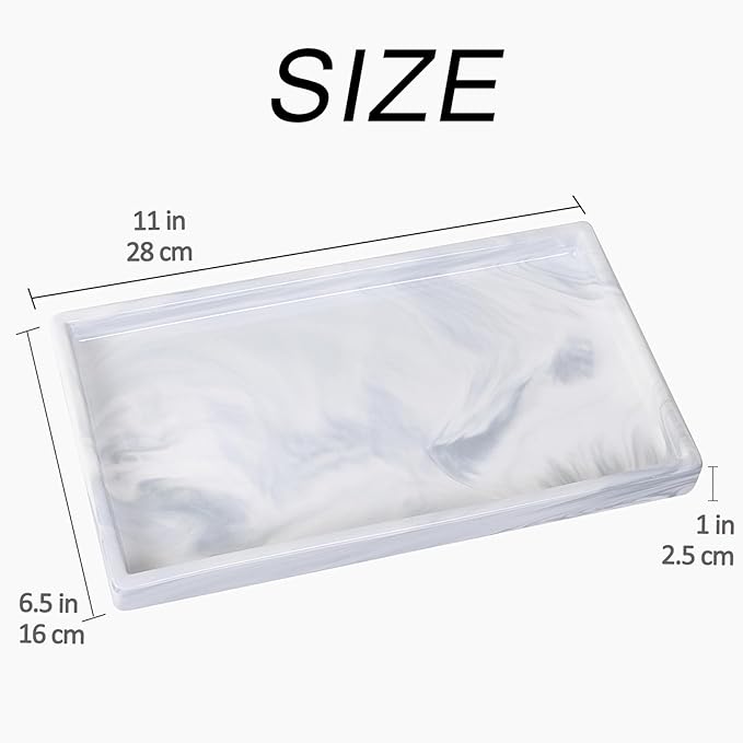 Bathroom Vanity Tray - 11'' Ceramic Rectangle Countertop Tray, Heavy-Duty Perfume Organizer Plate, Jewelry Ring Tray, Kitchen Soap Dispenser Stone Trays, Marble White