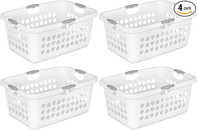 Sterilite 4-Pack 2 Bushel Ultra Laundry Basket, Rectangular Plastic Clothes Hamper, White - Ventilated Open-Top Utility Wash Bin with 4 Handles and Large Clothing Load Capacity