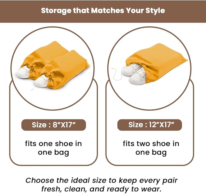 LFH Cotton Rich Shoe Storage Bags with Drawstring, Dustproof Breathable Reusable Organizer, Perfect For Travel, Dorm, Hotel, College, Gym, Easy to Carry, Machine Washable 12"x17" (Pack of 6) - Golden