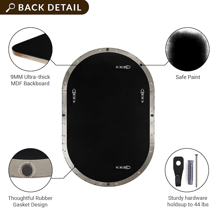 ANDY STAR Brushed Nickel Oval Bathroom Mirror, 30x40 Oval Nickle Mirror Pill Shaped in Premium Stainless Steel Metal Frame 1”Deep Wall Mounted Horizontal/Vertical