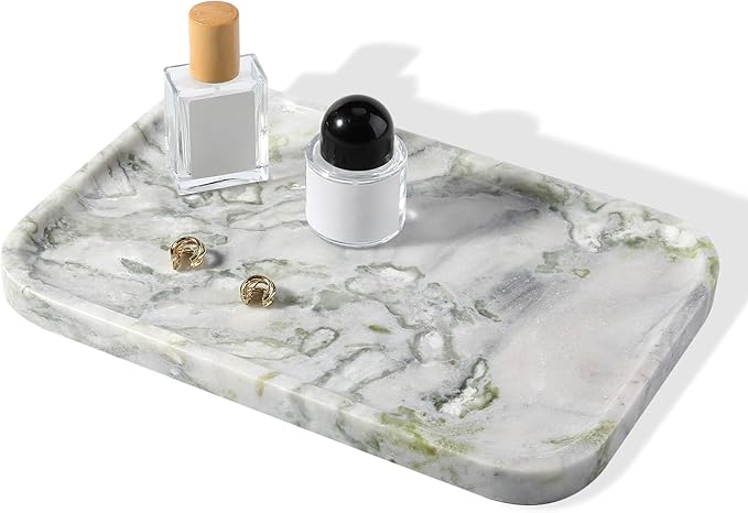 Luxury Marble Vanity Tray, Bathroom Tray Countertop, Bianco Marble/Stone, Home Decorative Dresser Organizer, Storage for Kitchen Sink, Perfume Jewelry Holder(Green&White)