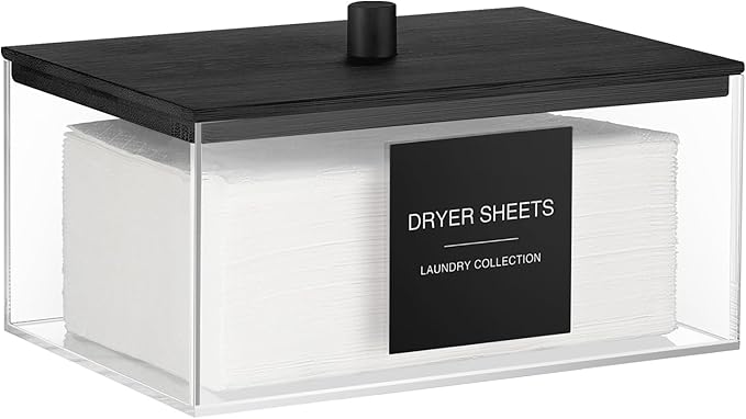 TIPGO Acrylic Dryer Sheet Holder with Lid, Clear Laundry Sheets Container with 27 Labels, Laundry Pods Storage for Laundry Room Organization - Black