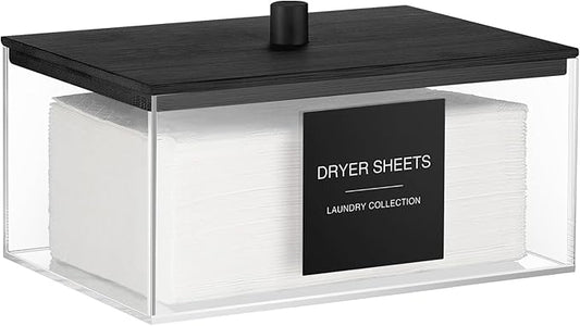 TIPGO Acrylic Dryer Sheet Holder with Lid, Clear Laundry Sheets Container with 27 Labels, Laundry Pods Storage for Laundry Room Organization - Black