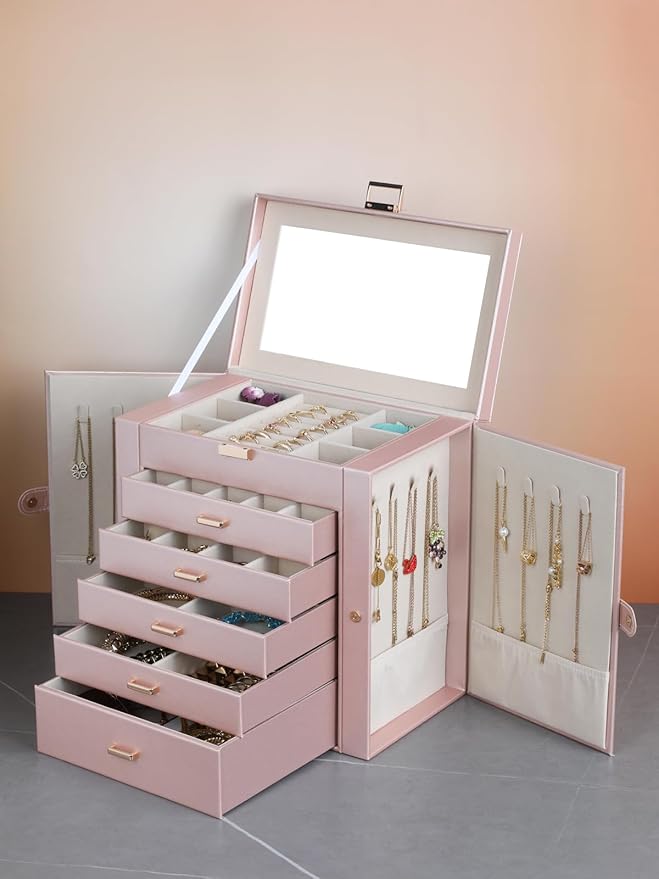 BOOVO Jewelry Box For women, 6 Layer Large Jewelry Organizer With Mirror, Multi-Function Storage Box With Lock, Necklace Holder With 5 Drawers, For Earrings Necklace Bracelet (Rose Gold and Gold)