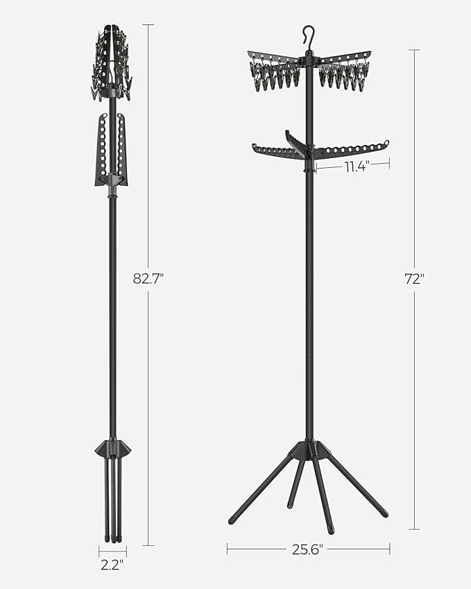 SONGMICS 2-Tier Clothes Drying Rack, 72-Inch Folding Laundry Drying Rack with 3 Rotatable Arms for Hangers, 24 Clips, Stainless Steel, for 27 Pieces of Clothes, Black ULLR512B01