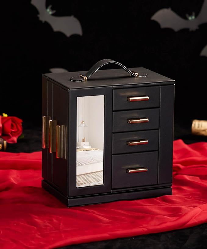Homde Valentine's Day Gifts Jewelry Box 360° Rotating, Necklace Earring Organizer with Transparent Window, Mirror, 7 Drawers, Large Ring Display Storage Case for Girls Women (Black + Red)