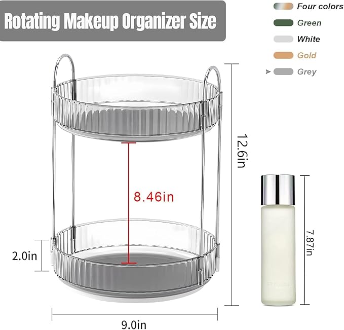 360 Rotating Makeup Organizer for Vanity, Bathroom Countertop Spinning Perfume Organizer, High-Capacity Cosmetic and Skincare Dresser Make Up Holder Rack (2 Tiers, Grey)