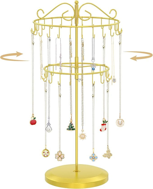 MODOWEY Rotating Necklace Holder Organizer Display Stand with 42 Hooks, 2 Tier Adjustable Metal Tree for Long Necklace Hanger Selling, Tall Spinning Bracelet Storage Rack for Men Women, Gold