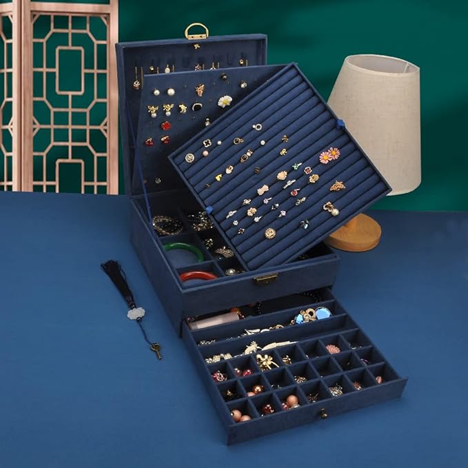 Jewelry Organizer 5 Layers Velvet Square Jewelry Box Women Necklace Ear studs Display Bangles Large Jewelry Storage Case Drawer GY306 (Navy)