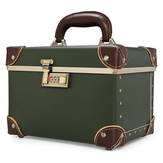 urecity Vintage Makeup Train Case with Metal Combination Lock, Green Artificial Leather, Professional Cosmetic Organizer Storage Box with Striped Interior