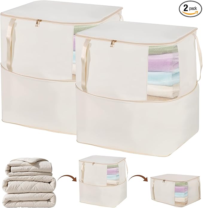 Comforter Storage Bag, Large Capacity Blanket Storage Bags with Visual Window, Ultra Space Saving Self Compression Organizer, Washable Compression Bag for Duvet, Down Jacket, Pillow, 2-Pack 136L Beige