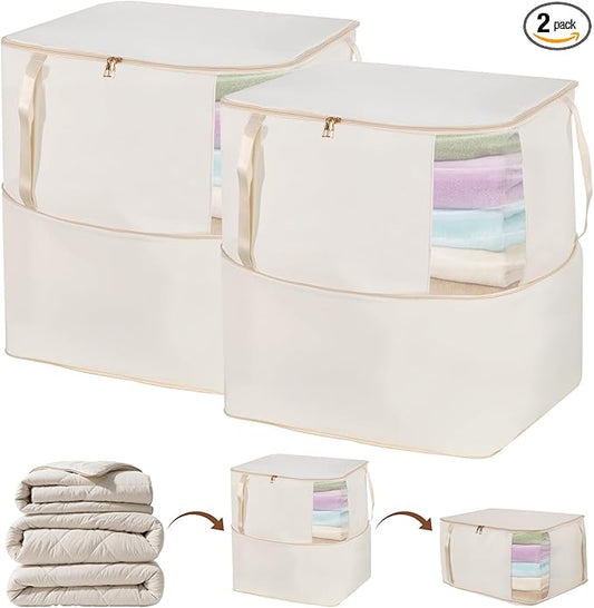 Comforter Storage Bag, Large Capacity Blanket Storage Bags with Visual Window, Ultra Space Saving Self Compression Organizer, Washable Compression Bag for Duvet, Down Jacket, Pillow, 2-Pack 136L Beige