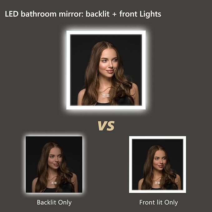 APRILSOUL 30x30 Inch LED Mirror for Bathroom, Led Vanity Mirror with Front and Backlit, 3 Color Lights, Memory Function, Anti-Fog and Dimmable Light (Horizontal/Vertical)