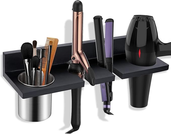 Hair Tool Organizer Wall Mounted - Wooden Dryer Holder, Blow Dryer Holder for Bathroom, Rustic Styling Tools Organizer for Flat Iron, Curling Wand, Hair Straighteners, Brushes, Black