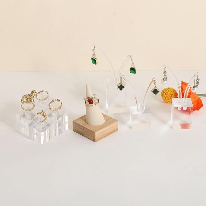 GemeShou Beige wood ring storage organizer, Velvet Jewelry ring display holder, Cute ring display stand for selling, wedding ring holder at nightstand【Beige with single cone】