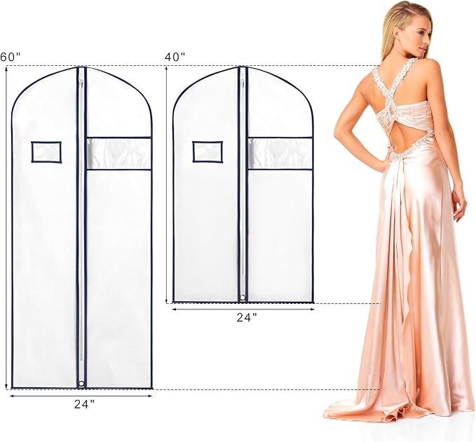 Syeeiex 60'' Garment Bags, Set of 8 Dress Bag for Gown, Garment Bags for Hanging Clothes,Garment Bag for Dresses Long,Dress Garment Bag for Gown,Evening Dresses,Fur Coat,Long Dress(White & Dark Blue)