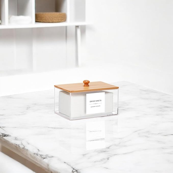 Dryer Sheet Holder with 30 waterproof Labels, Acrylic made tissue box holder, Acrylic Container Storage Box for Laundry Room Organization, Holds Sheets, Balls, Clothes Pins, Laundry Pods