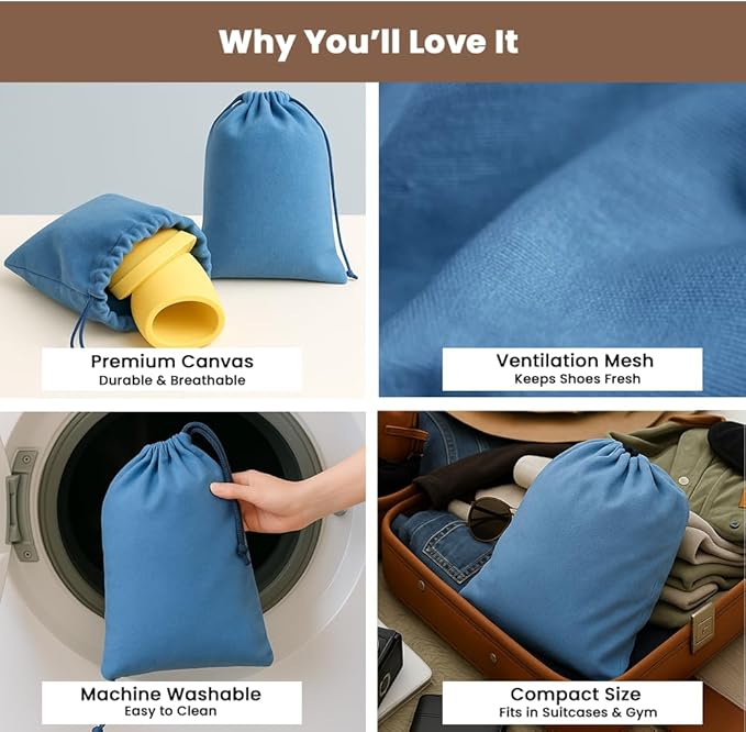 LFH Cotton Rich Shoe Storage Bags with Drawstring, Dustproof Breathable Reusable Organizer, Perfect For Travel, Dorm, Hotel, College, Gym, Easy to Carry, Machine Washable 8"x17" (Pack of 2) - Sky Blue